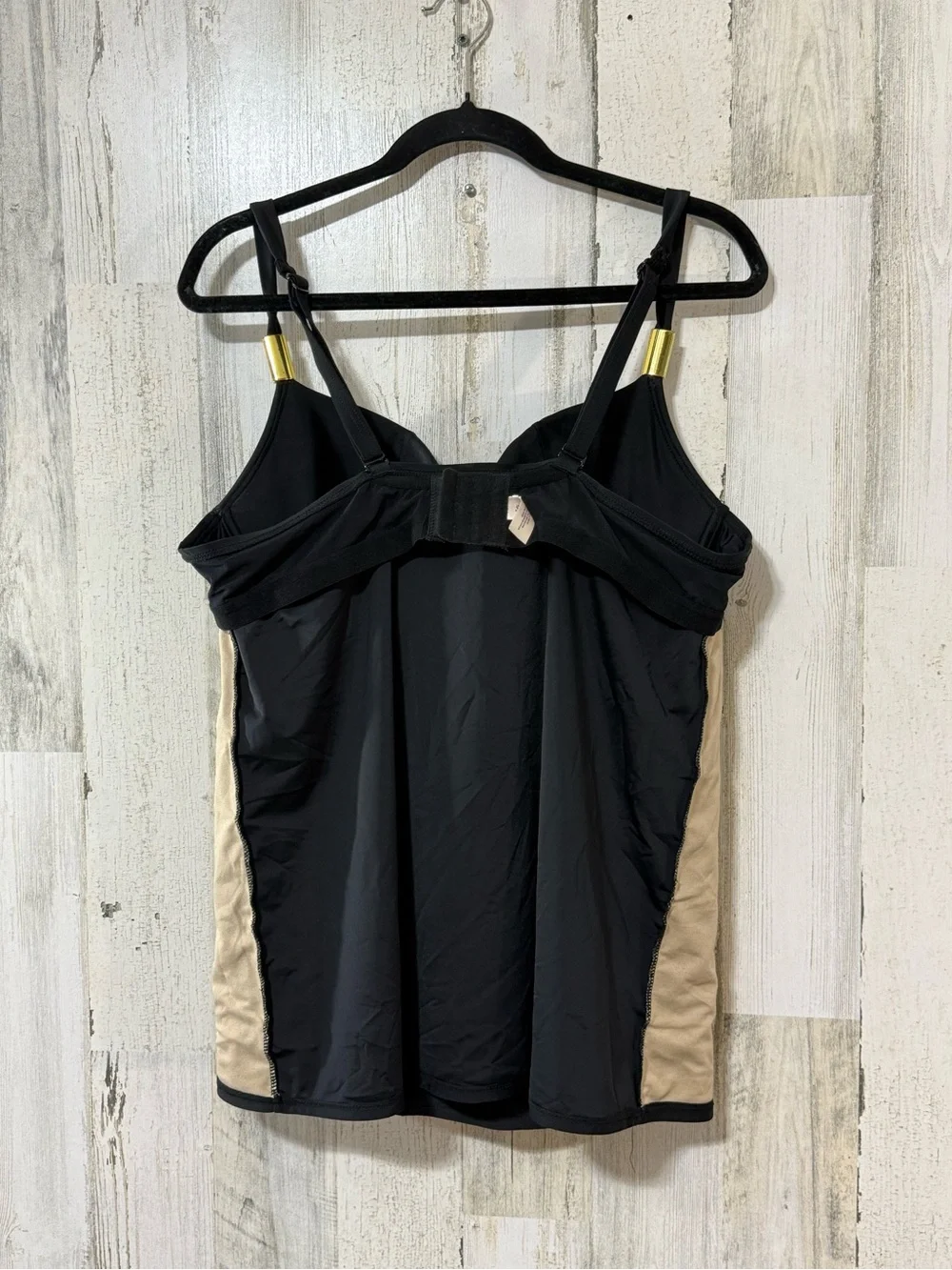 Cacique Black Sheer-Stripe Bustier Tank with Gold Accents